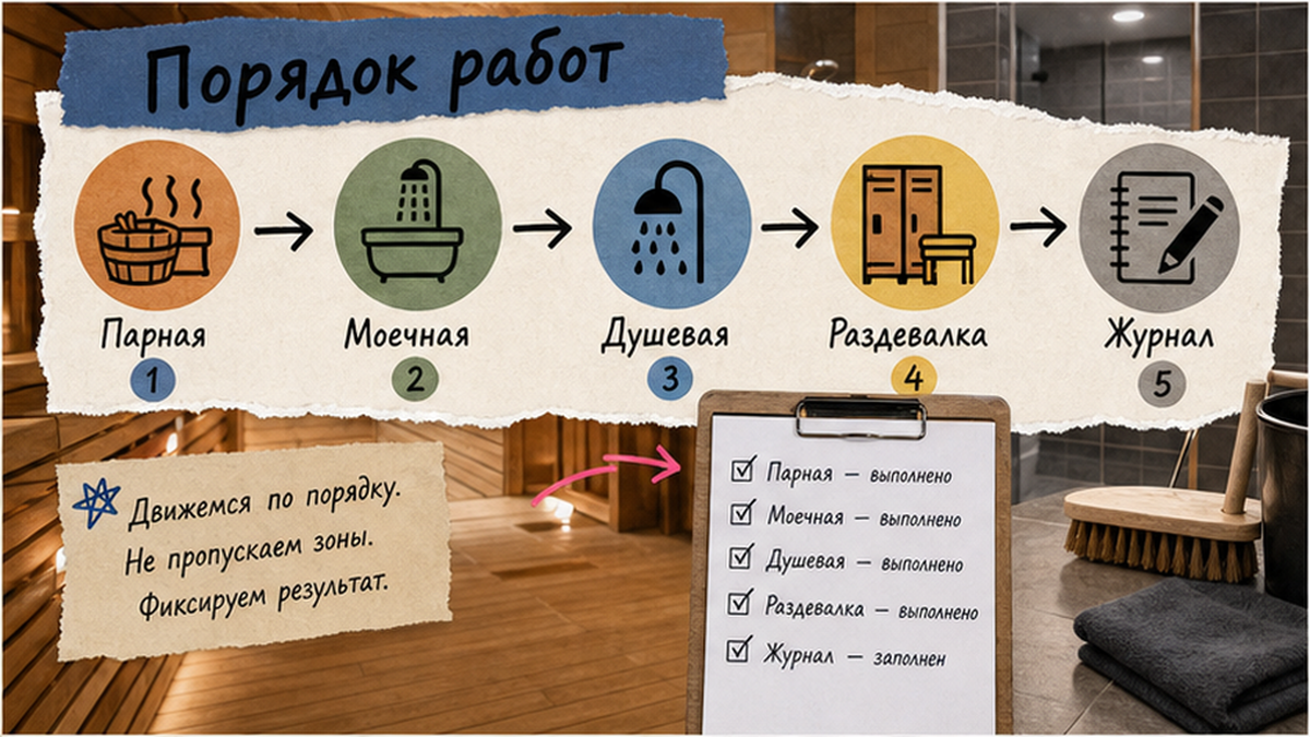 Схема workflow / шаги: Разделите парную, моечную, душевую и раздевалку