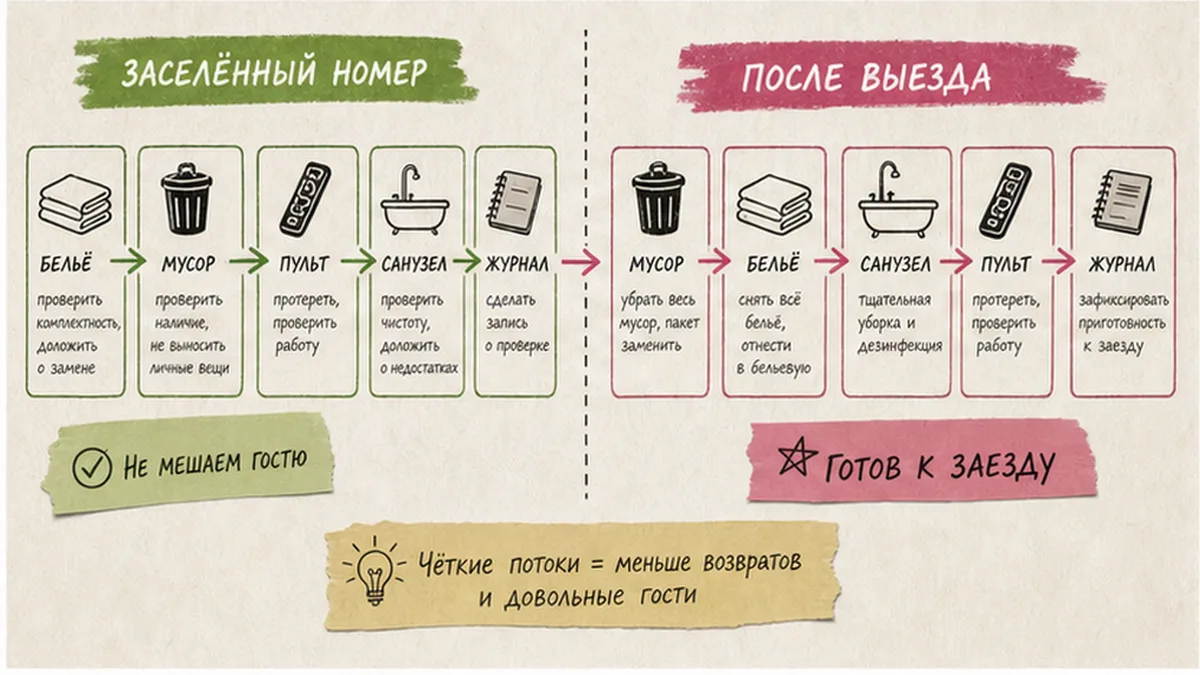 Сравнение подготовки заселенного номера и номера после выезда