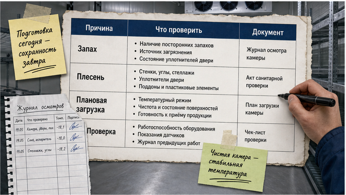 Таблица причин обработки холодильной камеры: запах, плесень, плановая подготовка, проверка