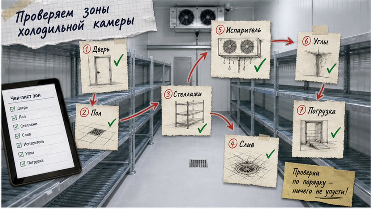 Схема зон осмотра холодильной камеры перед обработкой