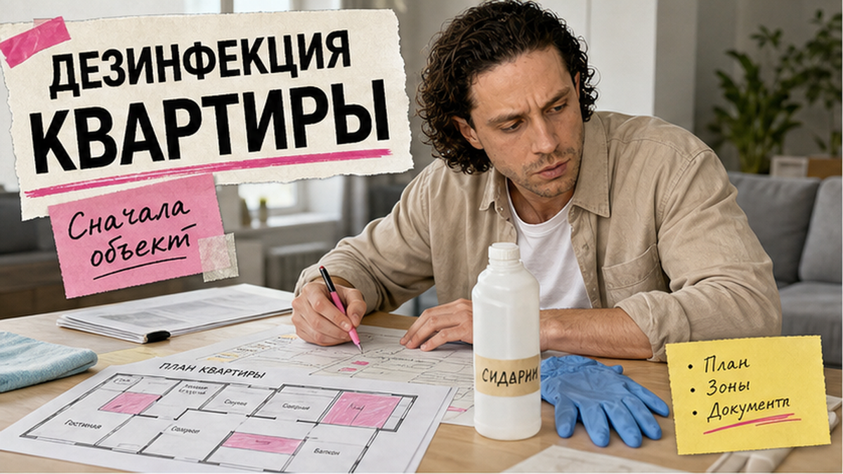 Чек-лист дезинфекции квартиры Сидарином с флаконом средства и защитными перчатками