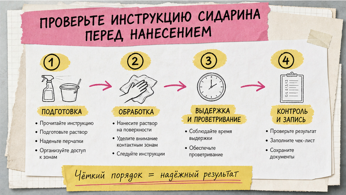 Схема workflow / шаги: Проверьте инструкцию Сидарина перед нанесением