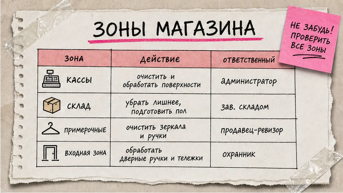 Управляющий магазина отмечает зоны торгового зала перед дезинфекцией