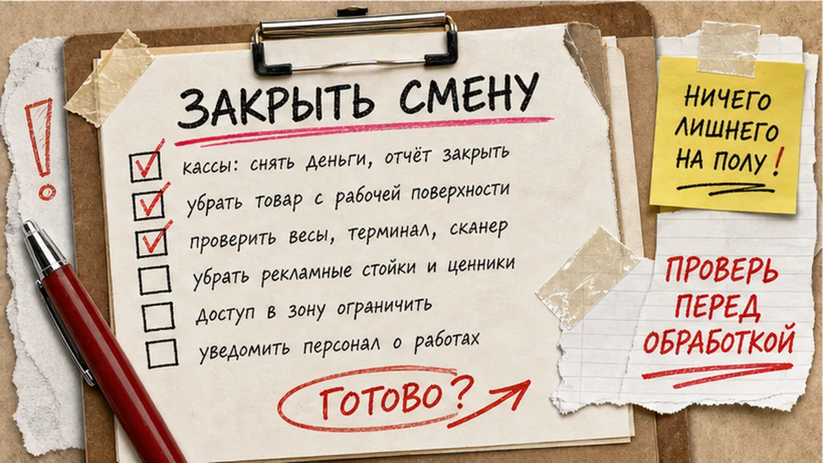 Сотрудники освобождают кассовую зону и проходы торгового зала перед обработкой