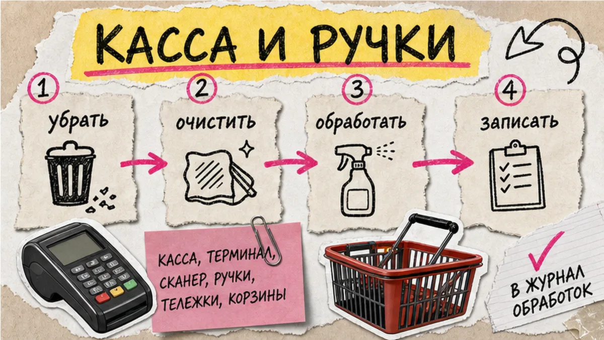 Кассовая зона магазина с чек-листом контактных поверхностей перед дезинфекцией