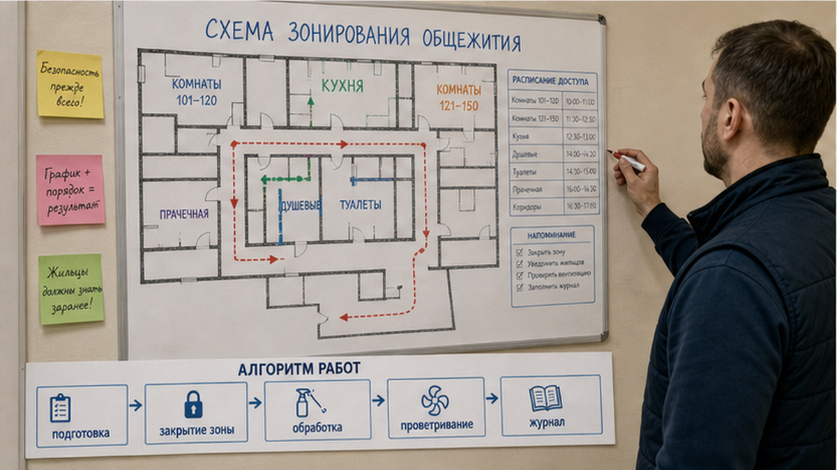 Схема разделения общежития на комнаты, кухню, санузлы, душевые и постирочную