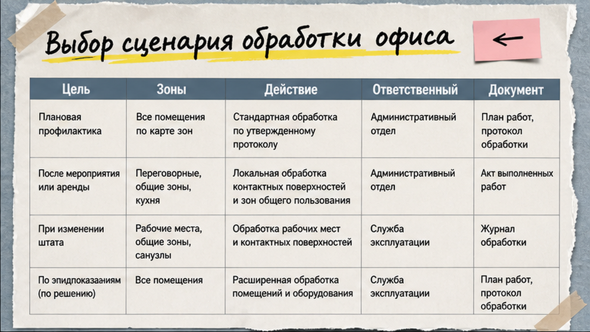 Схема выбора сценария обработки офиса: цель, зоны, ответственный и документ