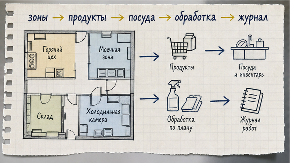 Схема workflow / шаги: Разделите горячий цех, моечную, холодильник и склад