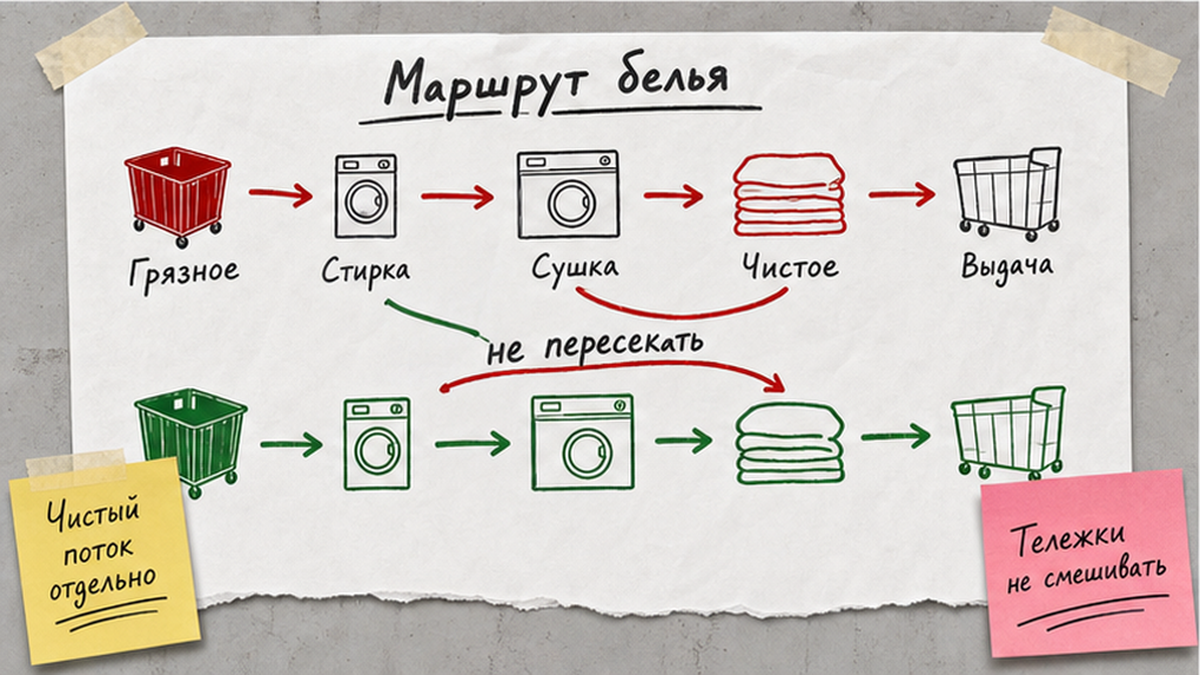 Схема workflow / шаги: Разведите грязный и чистый маршрут белья