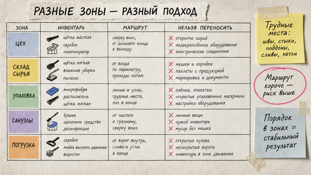 Таблица разделения зон цеха, склада и бытовых помещений