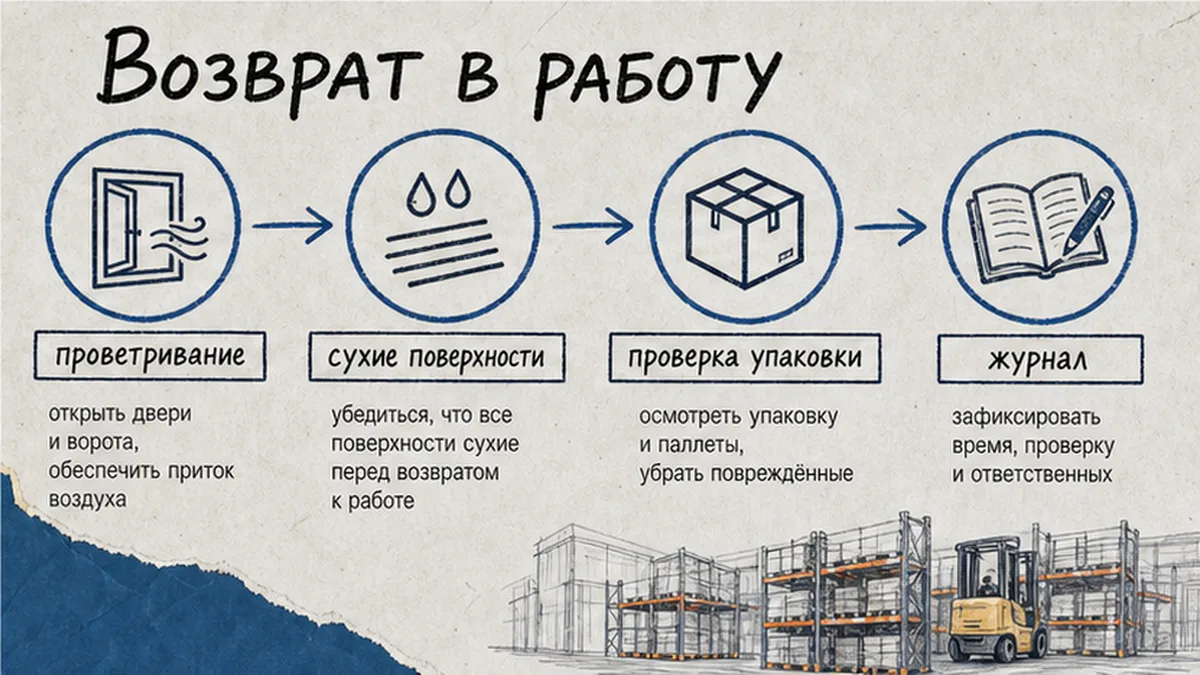 Схема рабочего процесса: Освободите проходы, стеллажи и рампу