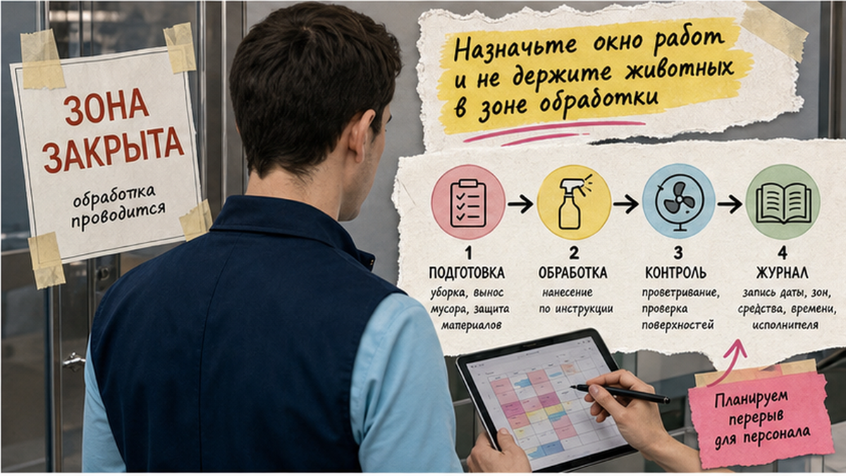 Схема workflow / шаги: Назначьте окно работ и не держите животных в зоне обработки