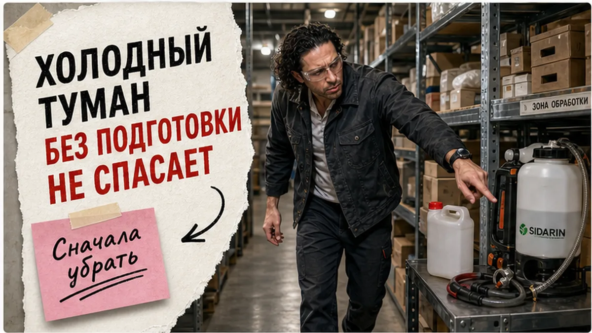 Помещение склада или спортзала перед обработкой холодным туманом Сидарин