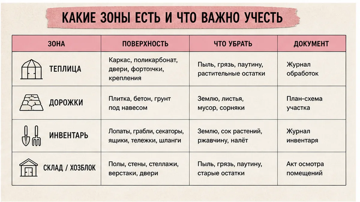 Таблица подготовки теплицы, поверхностей и инвентаря к обработке
