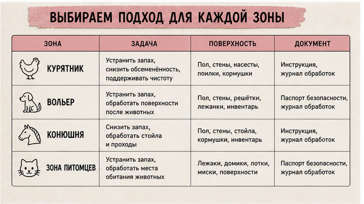 Таблица выбора зоны животных и задачи обработки
